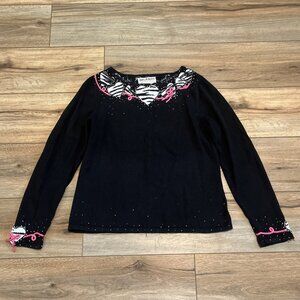 Jack B Quick Zebra Heart Sweater SZ Medium Black Pink Bows Beaded Y2k Vintage